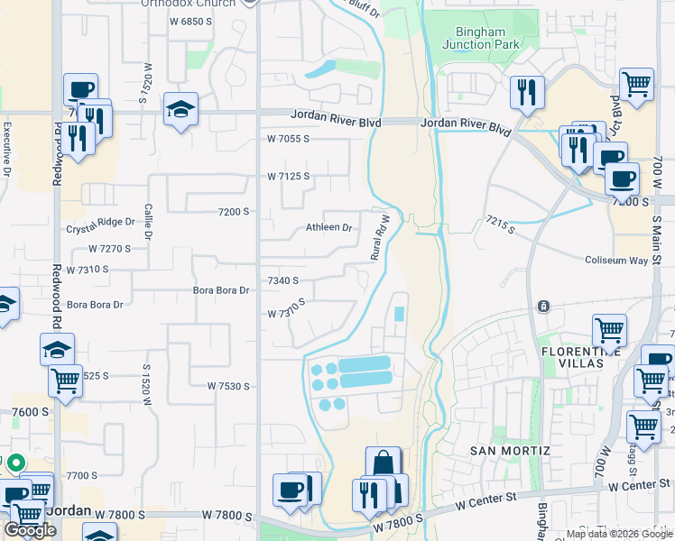 map of restaurants, bars, coffee shops, grocery stores, and more near 1142 Lucky Cove Drive in West Jordan