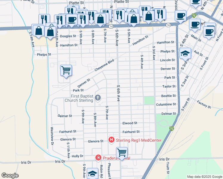 map of restaurants, bars, coffee shops, grocery stores, and more near 619 Taylor Street in Sterling