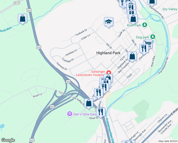 map of restaurants, bars, coffee shops, grocery stores, and more near 311 Hillsdale Avenue in Lewistown