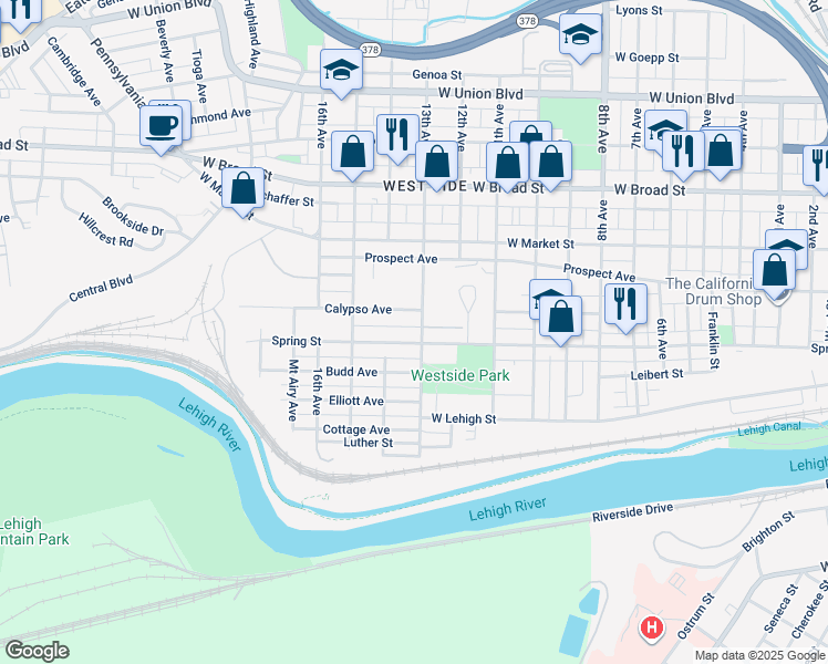 map of restaurants, bars, coffee shops, grocery stores, and more near 311 13th Avenue in Bethlehem