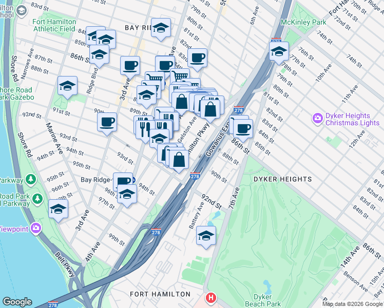 map of restaurants, bars, coffee shops, grocery stores, and more near 8841 Fort Hamilton Parkway in Brooklyn