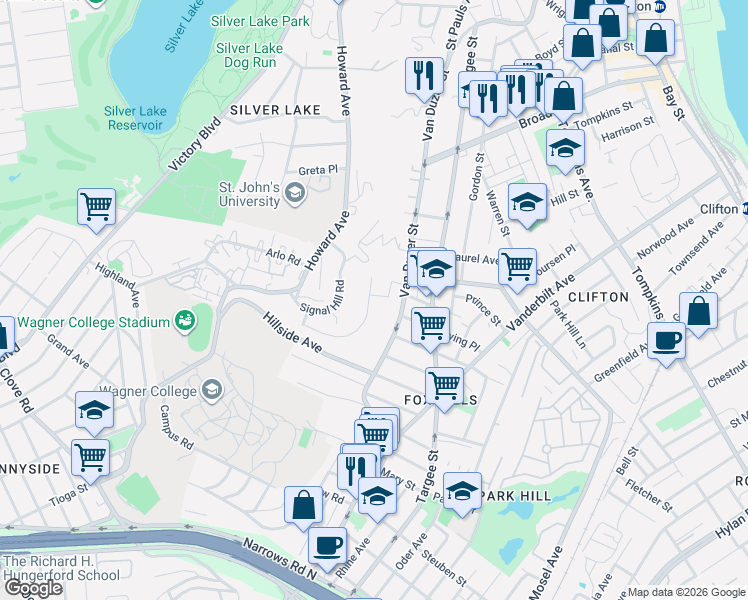 map of restaurants, bars, coffee shops, grocery stores, and more near 22 Woodside Avenue in Staten Island