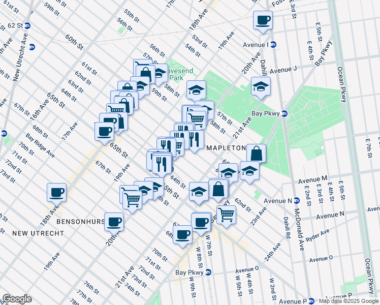 map of restaurants, bars, coffee shops, grocery stores, and more near 2018 61st Street in Brooklyn