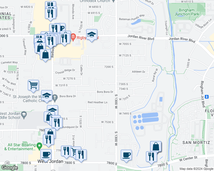 map of restaurants, bars, coffee shops, grocery stores, and more near 7318 South 1335 West in West Jordan