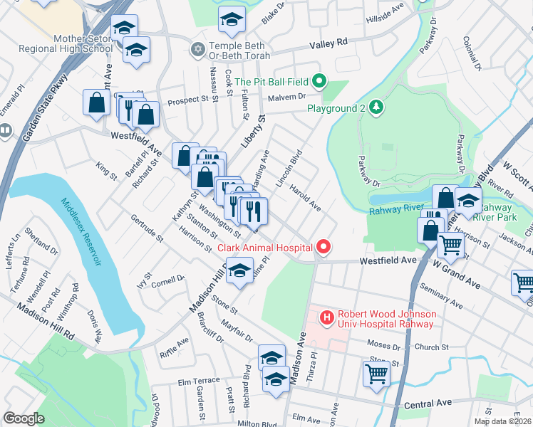 map of restaurants, bars, coffee shops, grocery stores, and more near 16 Lincoln Boulevard in Clark