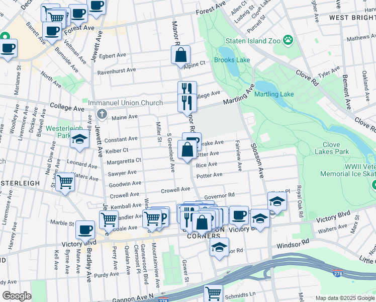 map of restaurants, bars, coffee shops, grocery stores, and more near 390 Manor Road in Staten Island