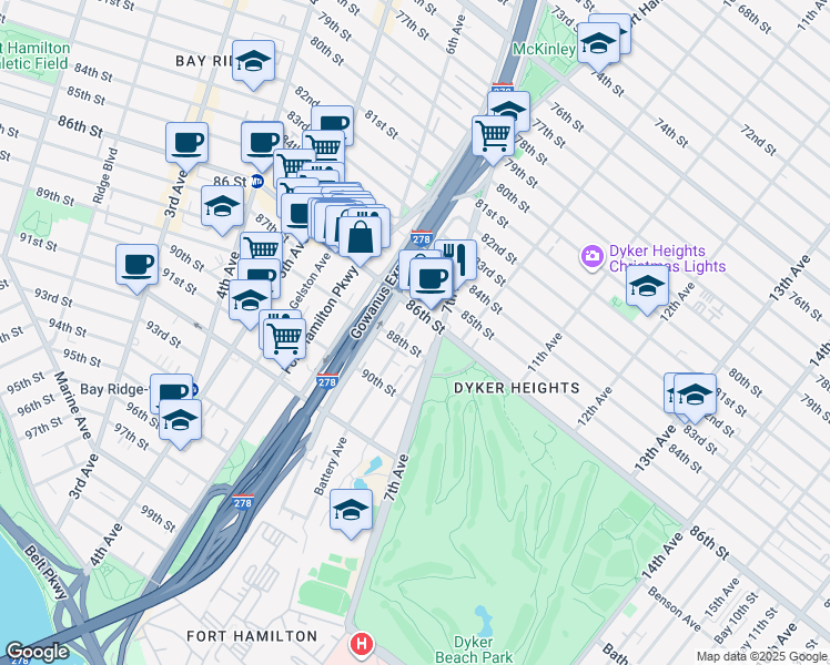 map of restaurants, bars, coffee shops, grocery stores, and more near 19 Battery Avenue in Brooklyn