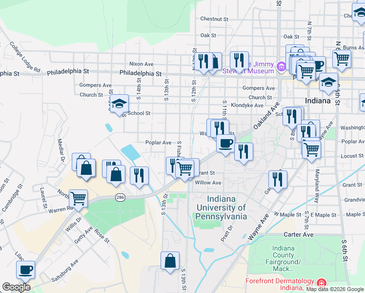 map of restaurants, bars, coffee shops, grocery stores, and more near 1209 Locust Street in Indiana