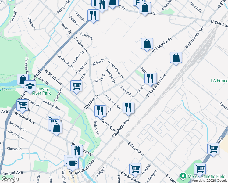 map of restaurants, bars, coffee shops, grocery stores, and more near 2263 Whittier Street in Rahway