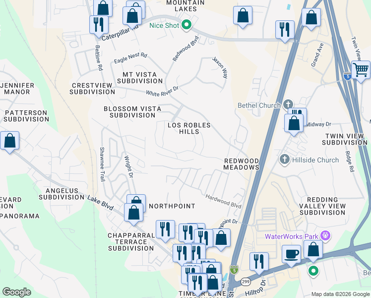 map of restaurants, bars, coffee shops, grocery stores, and more near 827 Sweetgum Trail in Redding