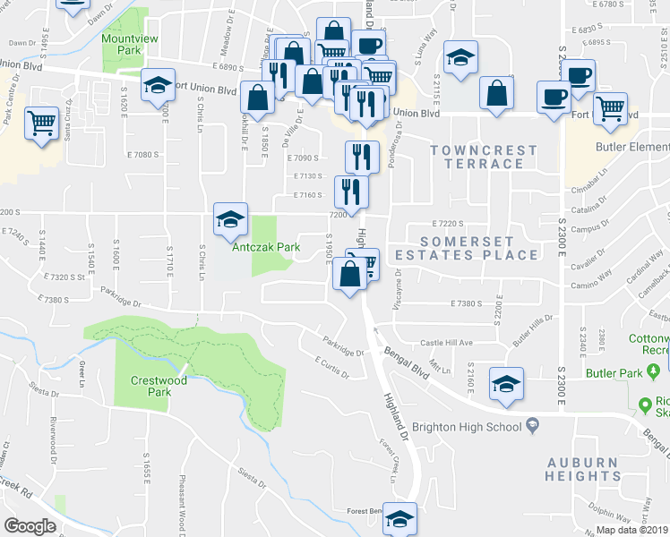 map of restaurants, bars, coffee shops, grocery stores, and more near 7307 South 1950 East in Cottonwood Heights