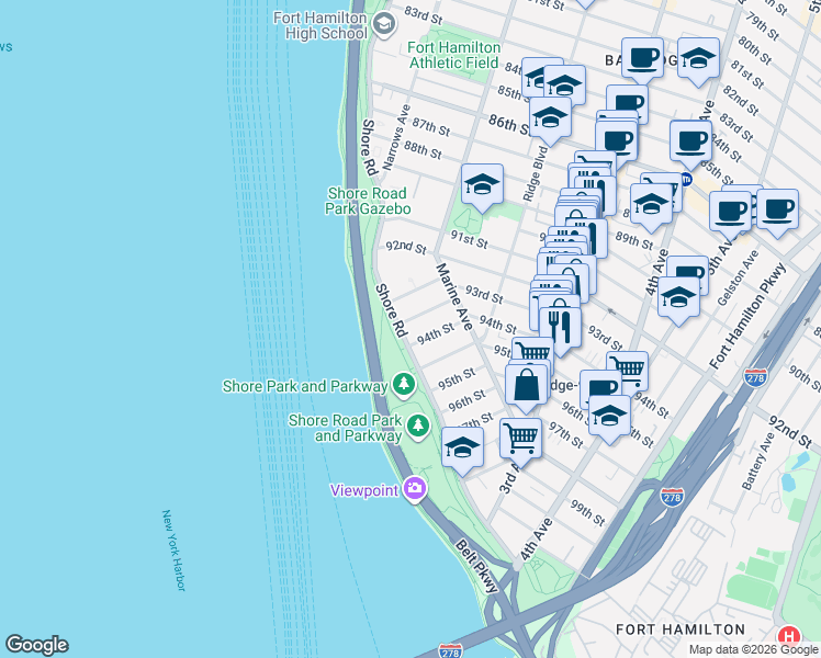 map of restaurants, bars, coffee shops, grocery stores, and more near 9303 Shore Road in Brooklyn