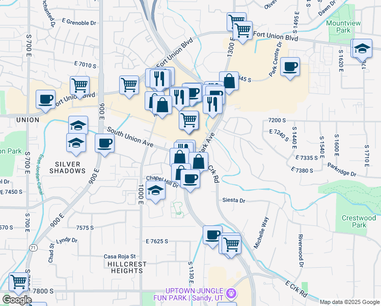 map of restaurants, bars, coffee shops, grocery stores, and more near 7306 Union Park Avenue in Midvale
