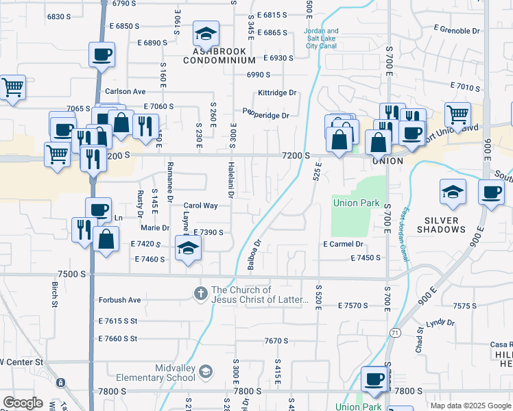 map of restaurants, bars, coffee shops, grocery stores, and more near 7318 Union View Place in Midvale