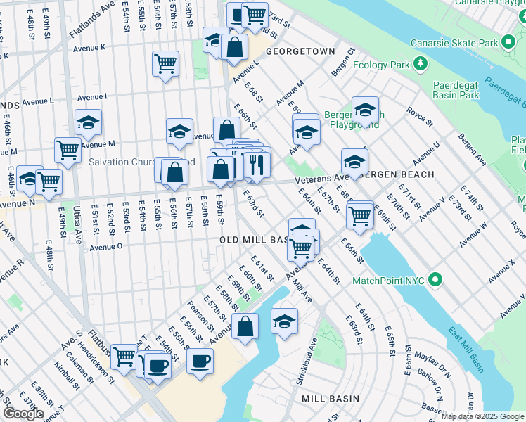 map of restaurants, bars, coffee shops, grocery stores, and more near 1465 East 63rd Street in Brooklyn