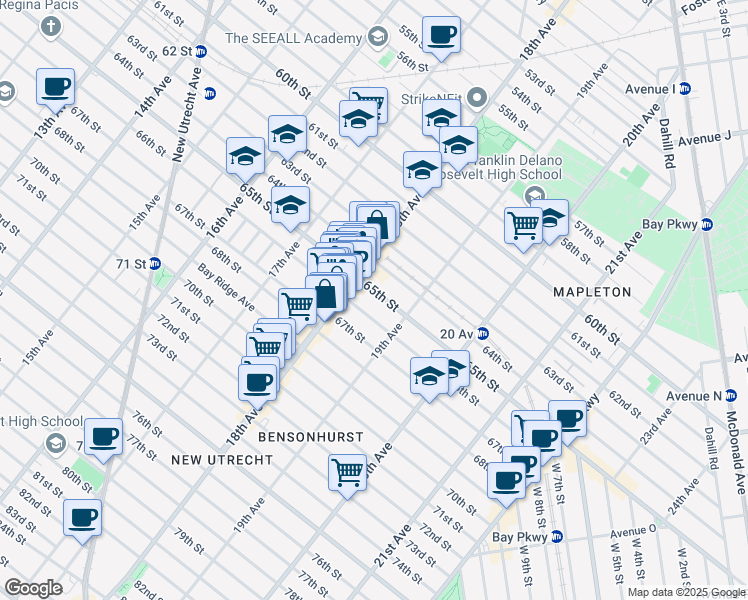 map of restaurants, bars, coffee shops, grocery stores, and more near 1836 65th Street in Brooklyn