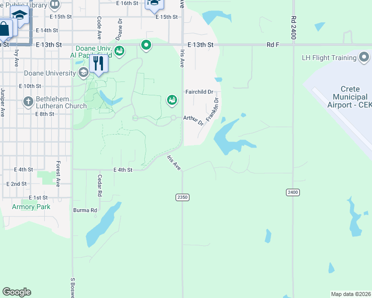 map of restaurants, bars, coffee shops, grocery stores, and more near 520 Iris Avenue in Crete