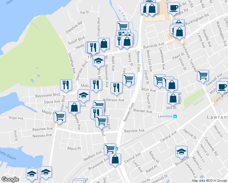map of restaurants, bars, coffee shops, grocery stores, and more near 199 Mott Avenue in Inwood