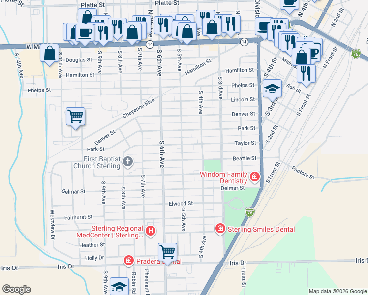 map of restaurants, bars, coffee shops, grocery stores, and more near 431 Taylor Street in Sterling