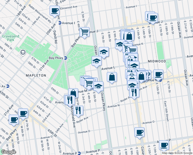 map of restaurants, bars, coffee shops, grocery stores, and more near 1236 Ocean Parkway in Brooklyn