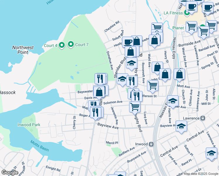 map of restaurants, bars, coffee shops, grocery stores, and more near 281 Sheridan Boulevard in Inwood