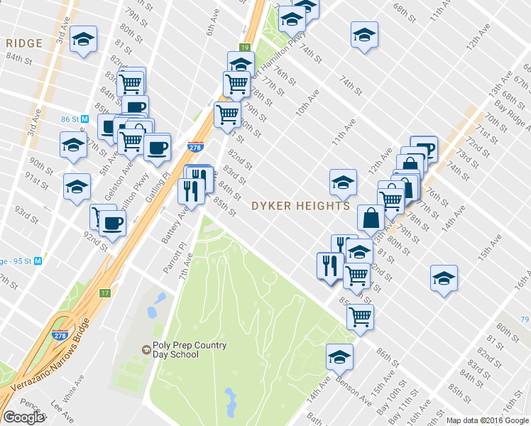 map of restaurants, bars, coffee shops, grocery stores, and more near 1067 84th Street in Brooklyn