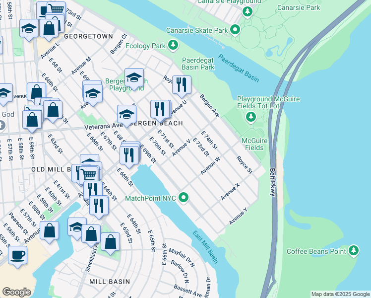 map of restaurants, bars, coffee shops, grocery stores, and more near 7120 Avenue V in Brooklyn