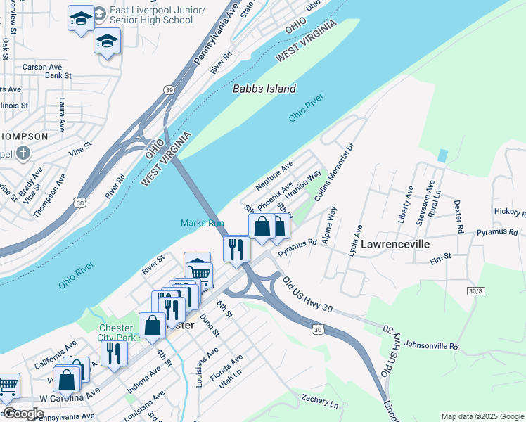 map of restaurants, bars, coffee shops, grocery stores, and more near 834 Phoenix Ave in Chester
