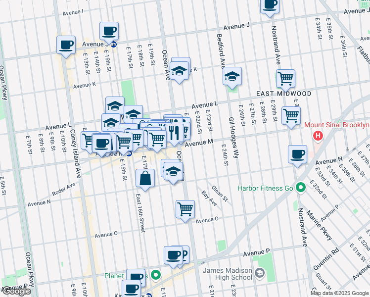 map of restaurants, bars, coffee shops, grocery stores, and more near 2010 Avenue M in Brooklyn