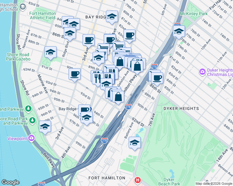 map of restaurants, bars, coffee shops, grocery stores, and more near 8852 Fort Hamilton Parkway in Brooklyn