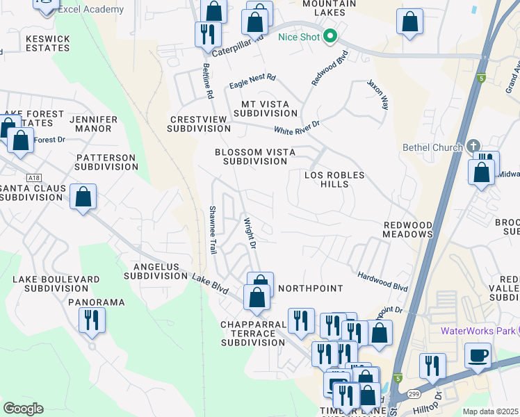map of restaurants, bars, coffee shops, grocery stores, and more near 4561 Chippewa Lane in Redding