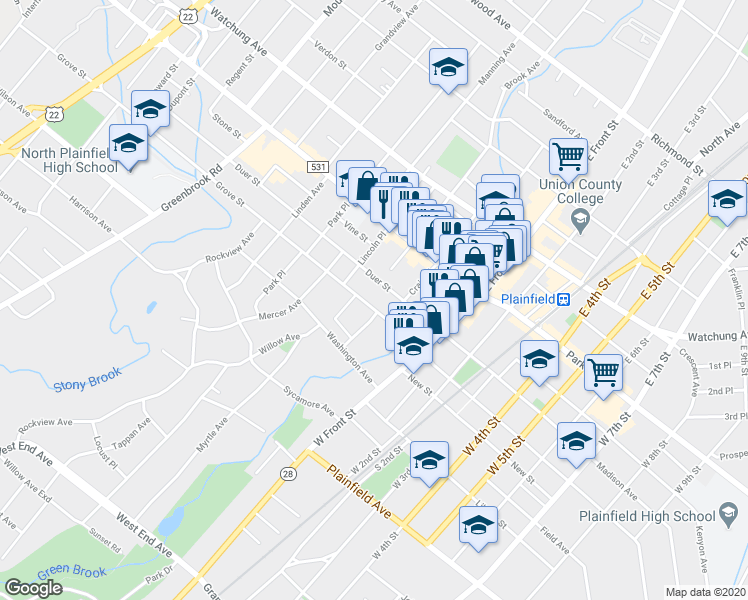 map of restaurants, bars, coffee shops, grocery stores, and more near 54 Grove Street in North Plainfield