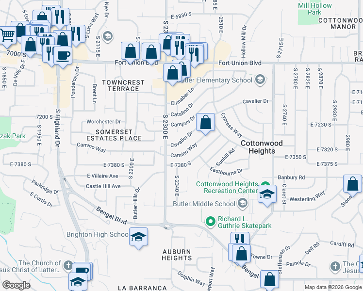 map of restaurants, bars, coffee shops, grocery stores, and more near 2354 Cavalier Drive in Cottonwood Heights