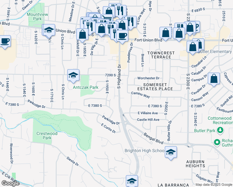 map of restaurants, bars, coffee shops, grocery stores, and more near 7295 South Highland Drive in Cottonwood Heights