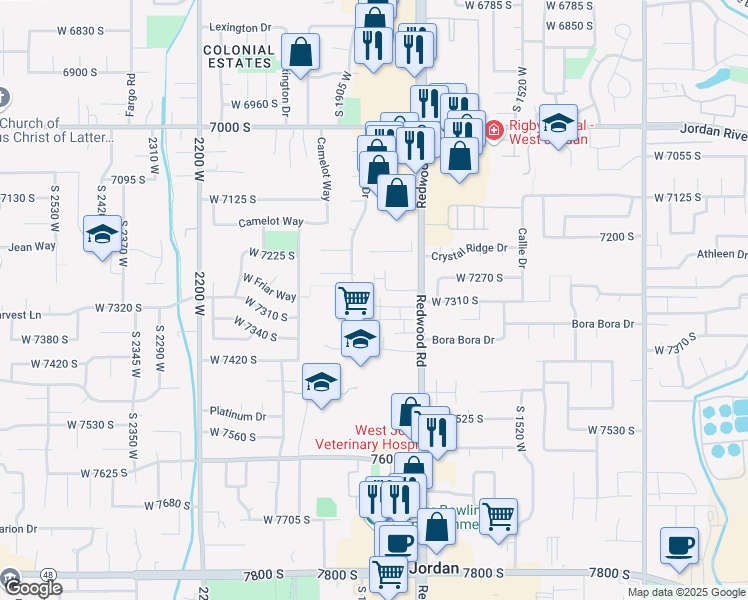 map of restaurants, bars, coffee shops, grocery stores, and more near 7292 South Redwood Road in West Jordan