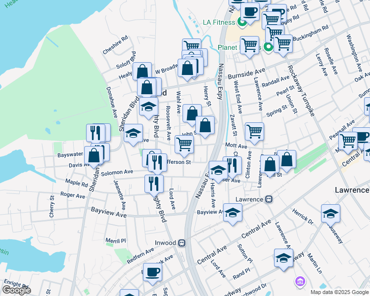 map of restaurants, bars, coffee shops, grocery stores, and more near 199 Mott Avenue in Inwood