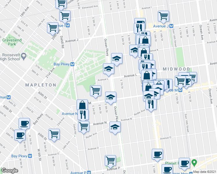 map of restaurants, bars, coffee shops, grocery stores, and more near 1226 Ocean Parkway Service Road in Brooklyn