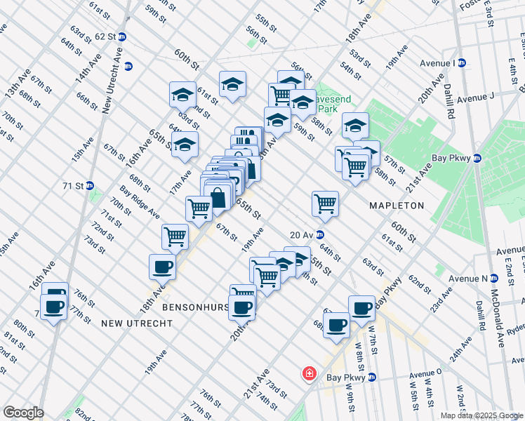 map of restaurants, bars, coffee shops, grocery stores, and more near 1843 65th Street in Brooklyn
