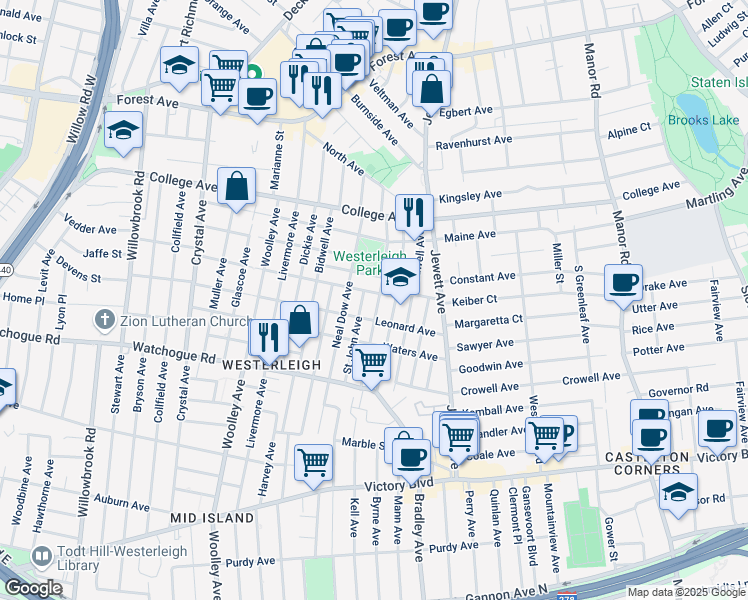map of restaurants, bars, coffee shops, grocery stores, and more near 110 Lathrop Avenue in Staten Island