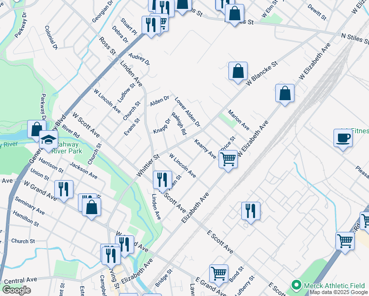 map of restaurants, bars, coffee shops, grocery stores, and more near 2263 Whittier Street in Rahway