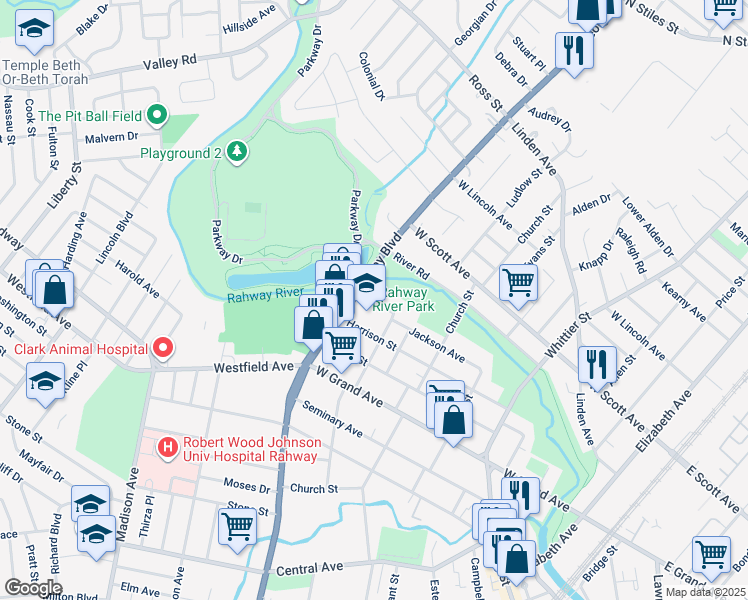 map of restaurants, bars, coffee shops, grocery stores, and more near Saint Georges Avenue in Rahway