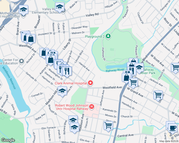 map of restaurants, bars, coffee shops, grocery stores, and more near 1494 Bedford Street in Rahway