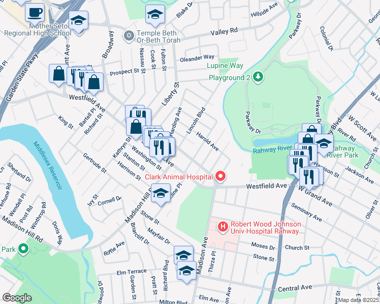 map of restaurants, bars, coffee shops, grocery stores, and more near 1444 Franklin Street in Rahway