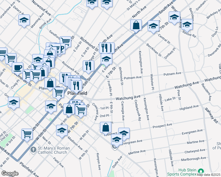 map of restaurants, bars, coffee shops, grocery stores, and more near 317 Franklin Place in Plainfield