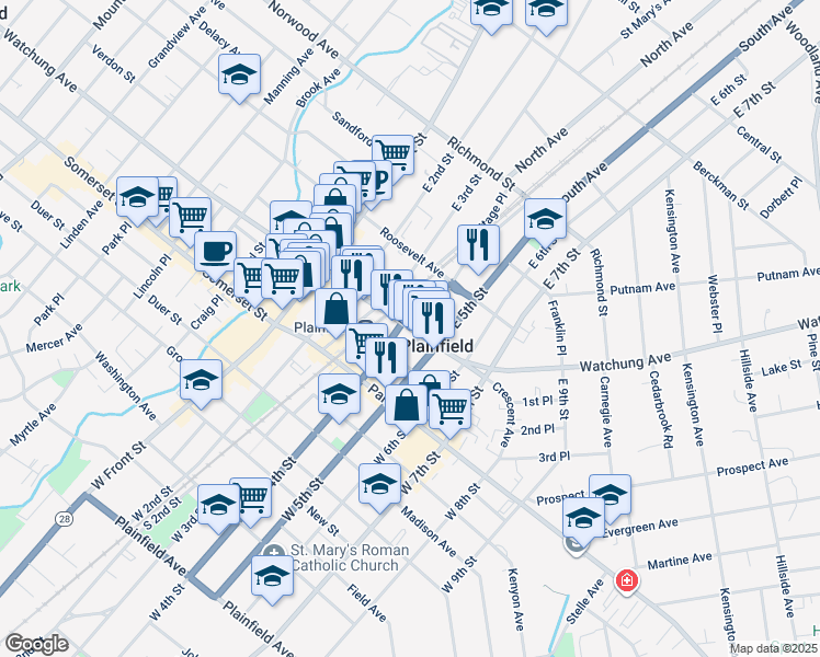 map of restaurants, bars, coffee shops, grocery stores, and more near in Plainfield