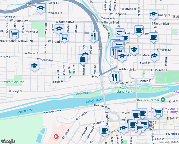 map of restaurants, bars, coffee shops, grocery stores, and more near 320 2nd Avenue in Bethlehem