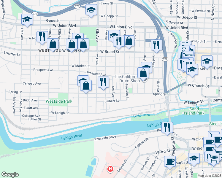 map of restaurants, bars, coffee shops, grocery stores, and more near 319 6th Avenue in Bethlehem