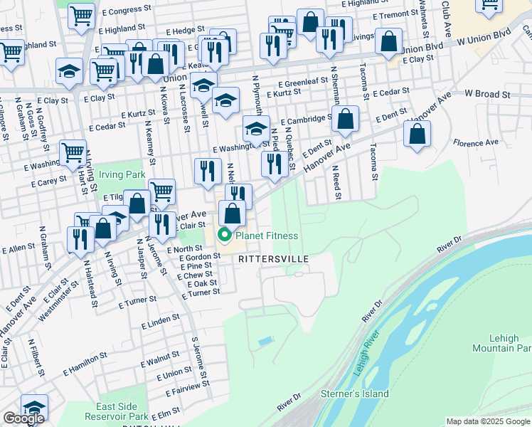 map of restaurants, bars, coffee shops, grocery stores, and more near 455 North Oswego Street in Allentown