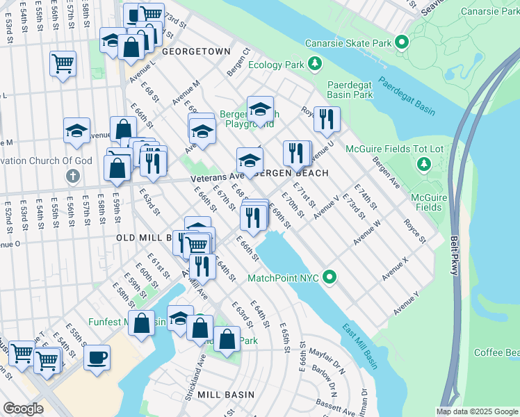 map of restaurants, bars, coffee shops, grocery stores, and more near 2101 East 68 Street in Brooklyn