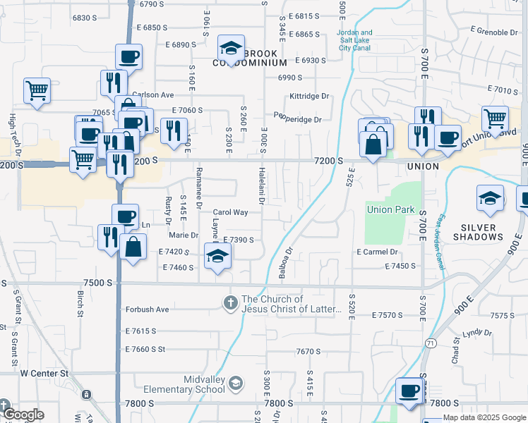 map of restaurants, bars, coffee shops, grocery stores, and more near 7321 South 300 East in Midvale